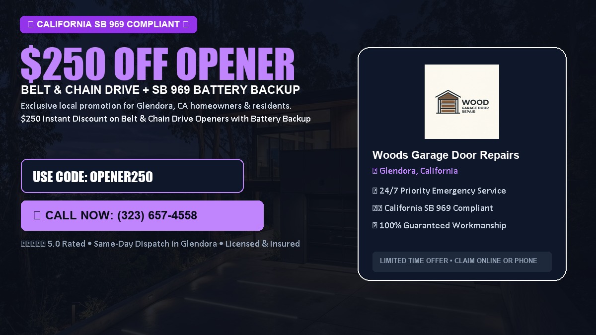 $250 OFF Smart Garage Door Opener Installation (Belt & Chain Drive with California SB 969 Battery Backup) in Glendora, CA