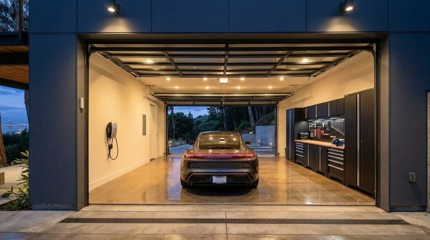Woods Garage Door Repairs Interior View of Custom Garage Door Overhead and Workshop